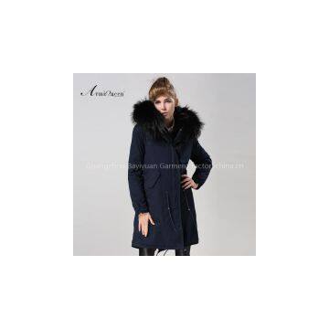 2017 Latest Designs warm drak blue for parka, black fur lined hooded woman fur jacket