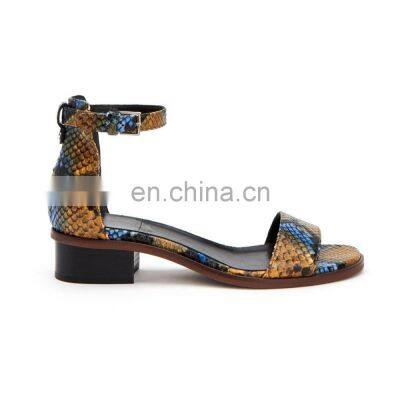 women beautiful latest design snake printed  high stacked heels ankle strap sandals shoes