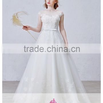 AR-52 Latest Dress Designs Short Sleeves Bride Dress Appliques O-Neck Sash Tulle Wedding Dress Lace 2016