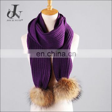 Unique Knitted Long Winter Scarf with Two Real Raccoon Fur Pompoms