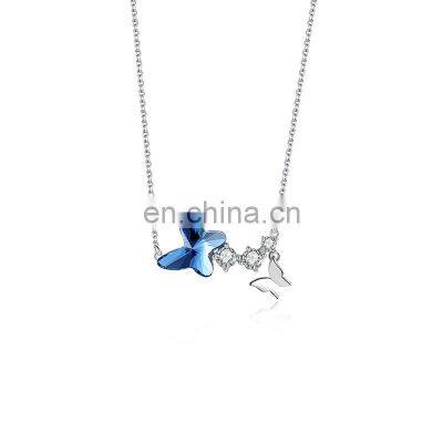 Fashion High Quality Jewelry 925 Sterling Silver Double Butterfly Crystal Pendant Women Necklace