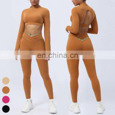 New Sports Outfits Custom Workout Wear Long Sleeve Ctop Top High Waist Leggings 2 Piece Suit Gym Fitness Sets Women Yoga Set