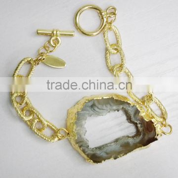 18k gold bracelet bangle top grade 18k gold chain with druzy agate slice geode slab gemstone connector bracelet