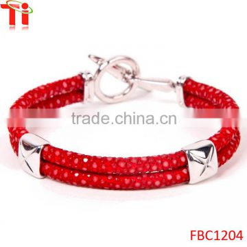 Wholesale Genuine Red Stingray Leather Cuff Bracelet with silver clasp