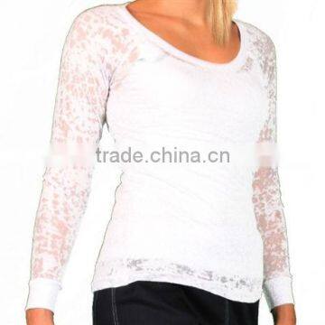 Ladies White Long Sleeve Burn-Out T-Shirt