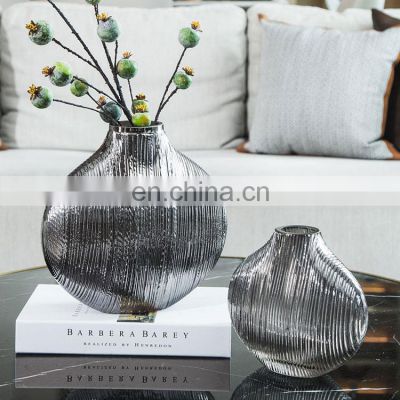 Simple Flat Round Silver Plated Small Mouth Vertical Striped Glass Ornaments Can Store Water Home Decoration Vase
