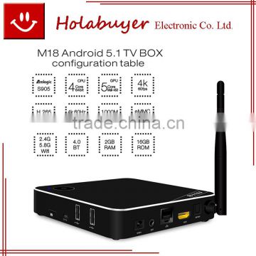 OEM M18 Amlogic S905 Quad Core 64Bit 2GB RAM 16GB ROM Bluetooth Wifi Android 5.1 UHD 4K*2K Smart TV Box