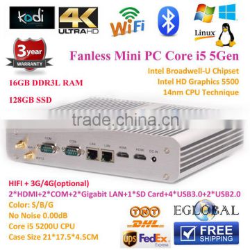 2015 Best Mini PC 0.00dB HTPC 4K Ultra HD 16GB Ram 128GB SSD Broadwell Intel Core i5 5200U 2*Nics+2*COM+2*HD-MI desktop computer