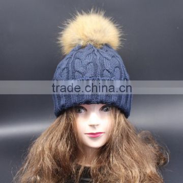 Wholesale woolen knit cap and hat with real raccoon fur pompoms winter hat