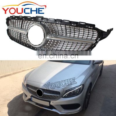Silver front bumper mesh grille hood diamond grill for Mercedes Benz C class W205 2015-2018