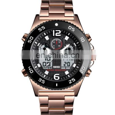 Skmei 1538 Stainless Steel Strap Waterproof Men Digital Watch Roes Gold Wristwatch Led