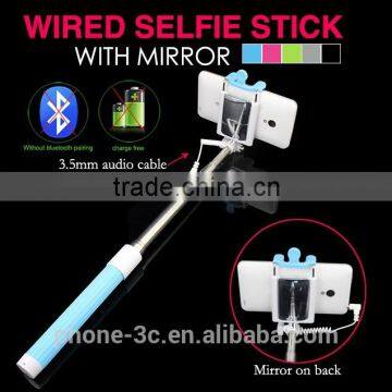 best seller product 2015 Wired foldable selfie stick with mirror, monopod selfie stick for nokia lumia 1520