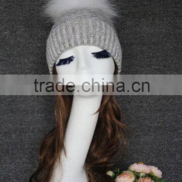 Unisex Fashion Jacquard Soft Chunky Mohair Hat With raccoon Fur Pompom