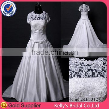 pictures of beautiful and simple satin a-line with detachable lace short sleeve jacket wedding dress xxl size