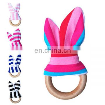 Promotion Cute Rabbit Ear Newborn Wooden Ring Teether Baby Teething Ring