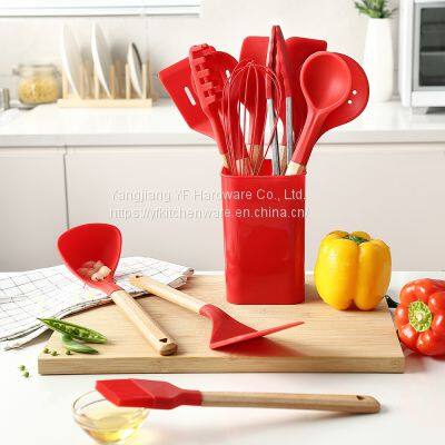 13pcs Silicone Cooking Utensil Set Kitchen Wooden Handle Spatula Soup Spoon Brush Ladle Pasta Colander Non-stick Cookware Set