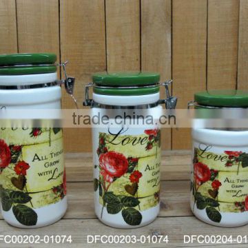 Eco-friendly Ceramic Material Airtight Food Canisters with Rose Decal