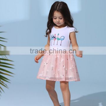 2017 Wholesale Cotton Spandex with Printing Dress Contrast Organza Skirt Part Cute Childrenswear