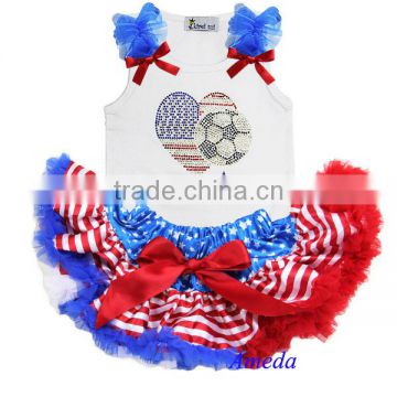 Newborn Blue Star Red Stripes Pettiskirt Rhinestone World Cup USA Flag Heart Football White Tank Top NB-6M