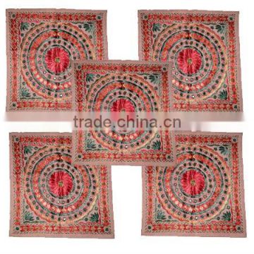 India Vintage Embroidered Mirror Work Bedroom Decor Floor Pillow Cushion Throw Set