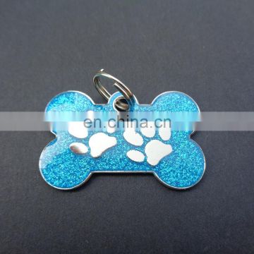 Promotional silver bone shape blue shimmering powder design metal dog tag