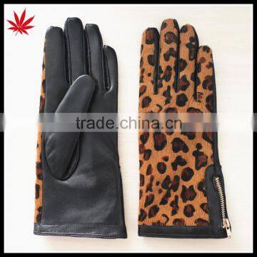 Horse fur plam women leather gloves with zipper