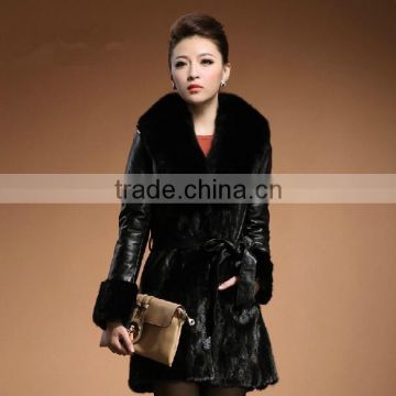 Newest Long Style Mink Winter Fur Jacket Coat with Fox Fur V Neck Collar Women Coat "11"