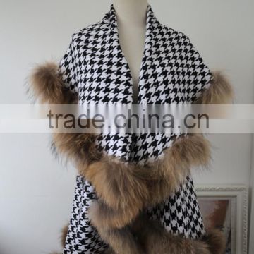 2016 Luxury HOUNDSTOOTH pattern Cashmere Like Cape Poncho With Natural Raccoon Fur Trim