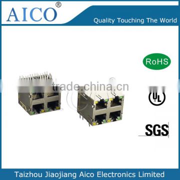china manufacturer pcb mounting right angle shielded 8 pin 2x2 rj45 jack connector with LED light