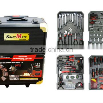 Germany type 186pcs hand tools kit in black and golen aluminium case