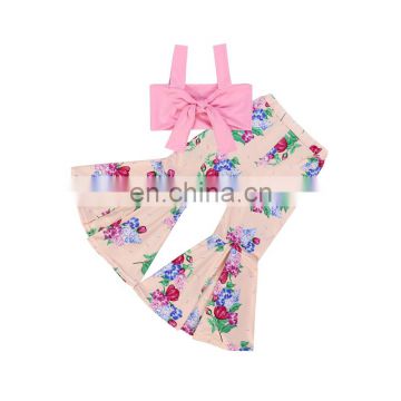 plain pink gallus crop Top and floral pattern bell bottom 2pcs lovely Baby Girl suit