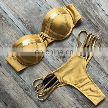 2019 Sexy Blue Gold Stamping Swimsuit Thong Women Bandage Bikini Set Halter Push Up Swimwear Padded Bra Female Bathing Suit