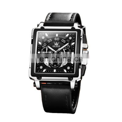 OLVES 9919 High Quality Quartz Movement Leather Watch Square Multifunctional Sports Quartz Watch Luminous Men Watch