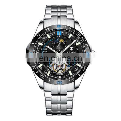TEVISE t855 Men Business Automatic Mechanical Watches Sun Moon Phase Display Stainless Steel Cool Watch