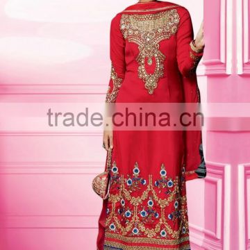 Red color on zari embroidery heavy design at neck and bottom border Designer Semi Stitch Salwar Kameez
