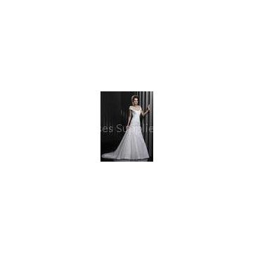 Tulle Ruffled Portrait Womens Wedding Dresses Court Train with Beaded Flower Applique