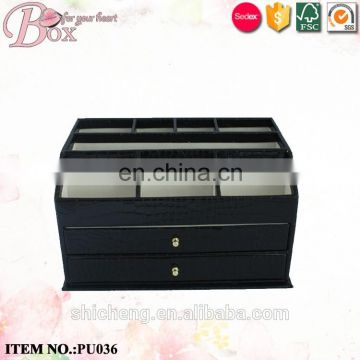 Luxury black PU leather office stationery box with drawer