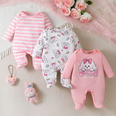3pcs Newborn Baby's Solid Color/Cartoon Bowknot Dog Print Long Sleeve Footie, Toddler & Infant Girl's Comfy Footed Romper For Spring Fall
