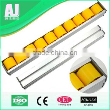 Conveyor plastic linear neck guide rail with rollers