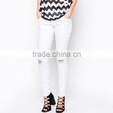 plain white knee ripped maternity denim jeans wholesale for women