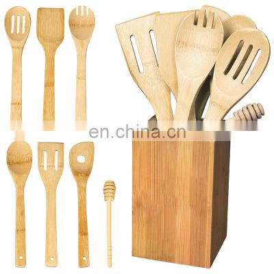 Organic bamboo wooden kitchen cooking tools spoons spatulas utensils set with holder