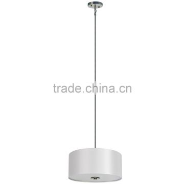 3 light chandelier(Lustre/La arana) in satin steel finish with a round 16" pristine white fabric shade