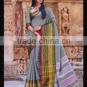 Excellent Ash Color Saree With Stripes Bordered Royal Drapes Cotton Blends Designer Sarees