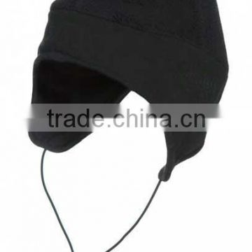 cycling earflap black hat with cinch-cord at the bottom