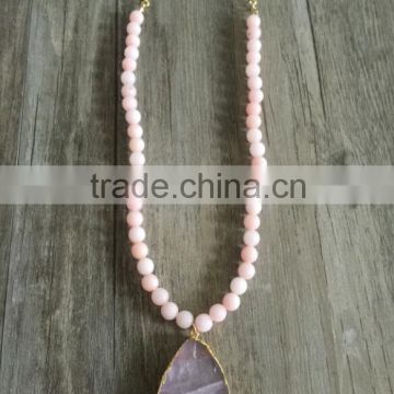 Natural Pink Quartz Stone Pendant Necklace, Stone Edge Gold Foiled Pendant Necklace
