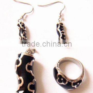 set007 hot sale high quality stainless steel black enamel ring,earring,pendant jewelry set