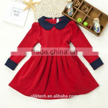 OEM children dress cheap children clothing peter fan collar dress velvet inside red black blue dress with 100-140cm