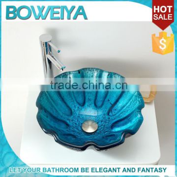 Shower Room Blue Color Tempered Glass Wash Basin Vessel Bowl Sink