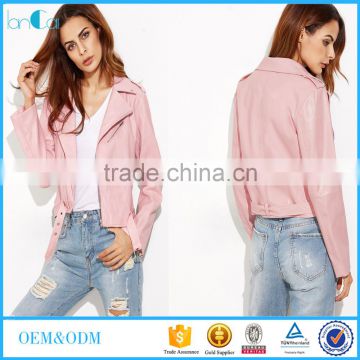 Pink faux leather asymmetrical zip short jacket Girl's long sleeve biker jacket