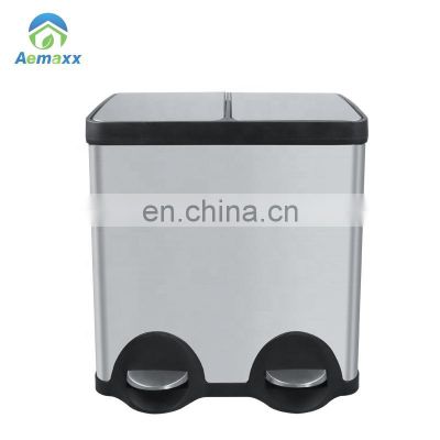 Hot Sale 40L/50L Stainless Steel Pedal Type Recycling Bin two compartment trash can